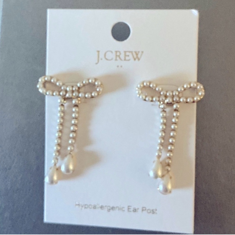 J. Crew Gold Bow Drop Earrings with Crystal Strands and Pear Drops - Picture 3 of 4